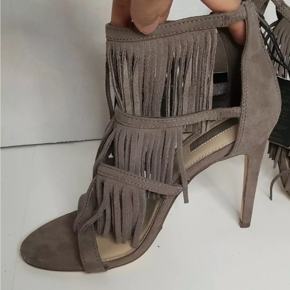 Taupe "Radiohead" Faux Suede Fringe Open Toe Heeled Sandals - Picture 11 of 12